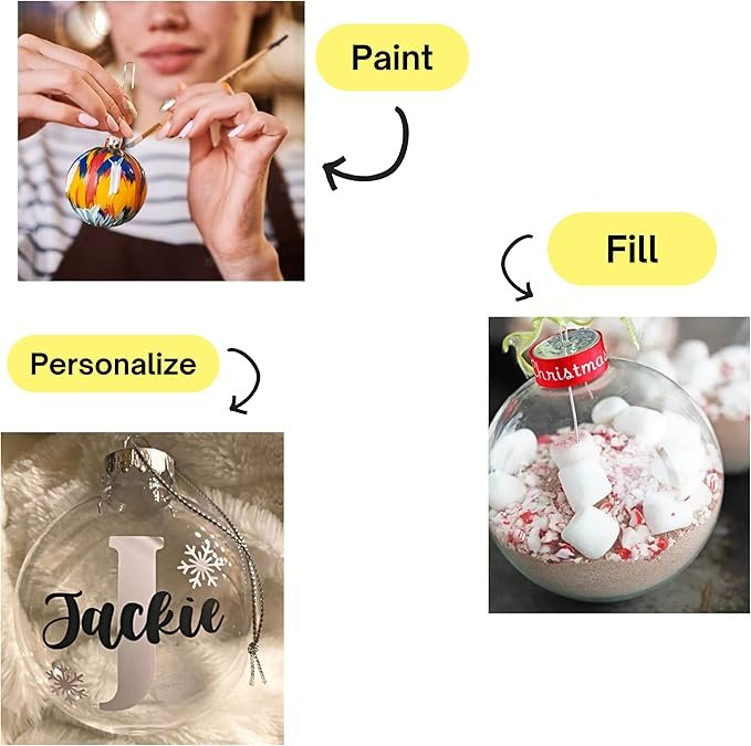 2 4E's Novelty 12 Pack 3.15 Inch Clear Glass Christmas Ornament Balls - Fillable Glass Ornaments for Crafts with Hanging Cord, Large 80mm Clear Ornament Balls for DIY, Glass Ornaments for Xmas Tree