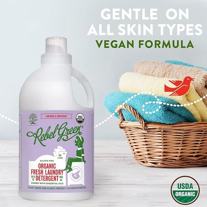 2 Rebel Green Organic Laundry Detergent - Natural Laundry Soap - Liquid Laundry Detergent with Dispenser Cup - Gentle Laundry Detergent - Fresh Lavender & Grapefruit Scent - 64 Load Bottles, 2 Pack