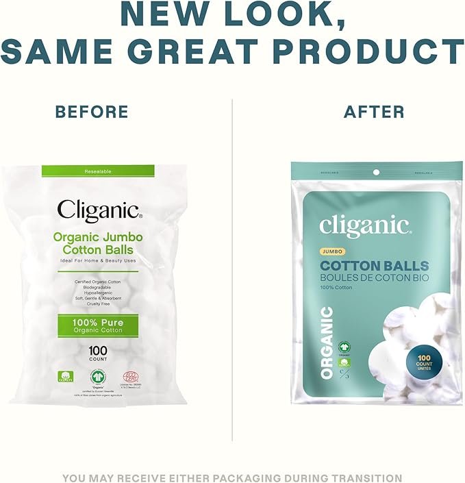 1 Cliganic Organic Super Jumbo Cotton Balls (100 Count) - Hypoallergenic, Absorbent, Large Size, 100% Pure (Packaging May Vary)