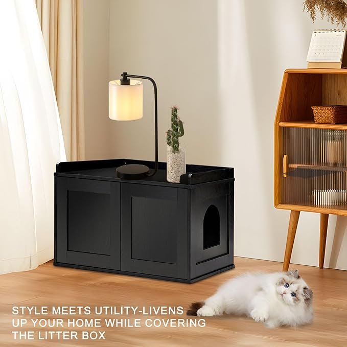 2 Cat Litter Box Enclosure, Hidden Litter Box Furniture, Enclosed Cat House Side Table, Cat Washroom with Door, Enlarged Cat Litter Cabinet for Fat Orange Cat, Nightstand, Double Door,Black