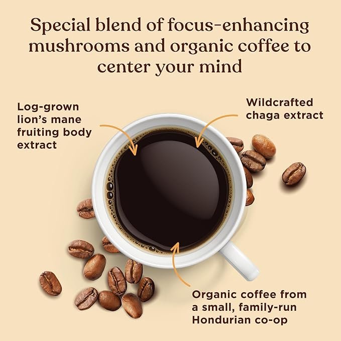 4 Dark Roast Organic Whole Bean Coffee by Four Sigmatic | Fair Trade Coffee Beans Coated with Lion's Mane, Chaga Mushrooms | Nootropic Mushroom Coffee for Enhanced Brain Function & Immune Support | 12oz