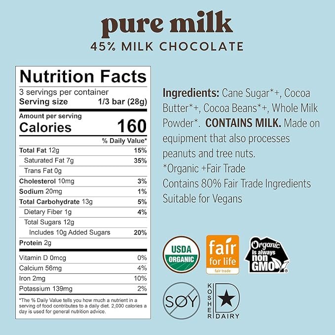 1 Theo Chocolate Pure Organic Milk Chocolate Bar, 45% Cacao, 6 Pack | Fair Trade