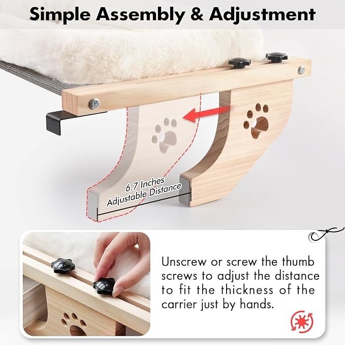 2 AMOSIJOY Cat Sill Window Perch Sturdy Cat Hammock Window Seat with Cushion Bed Cover, Wood & Metal Frame for Large Cats, Easy to Adjust Cat Bed for Windowsill, Bedside, Drawer and Cabinet(Cushion Bed)