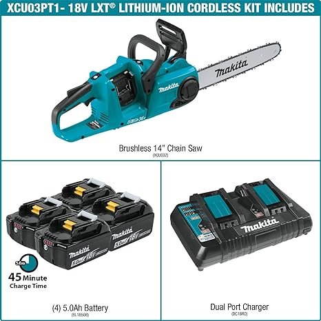 2 Makita XCU03PT1 18V X2 (36V) LXT Lithium-Ion Brushless Cordless 14" Chain Saw Kit with, 4 Batteries (5.0Ah)