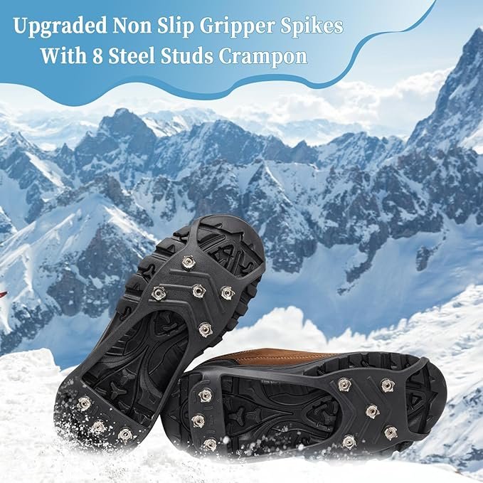 3 LACE INN 2 Pair Universal Non Slip Gripper Spikes for Shoes, Durable Ice Snow Grips Traction Cleats with 8 Steel Studs Crampon for Walking On Snow and Ice