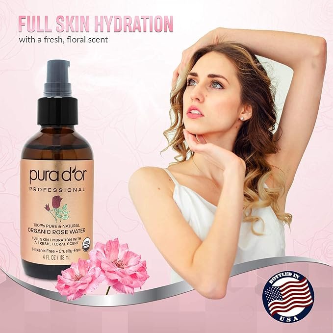 1 PURA D'OR Organic Rose Water Toner (4oz / 118mL) Eau Fraiche, 100% Pure Full Skin Hydration, Control Excess Oils & Acne - Cleanses & Softens - Promotes Healthy Skin Cell - for All Skin Types