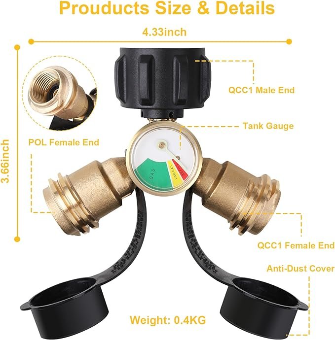 2 FEITON Propane Tank Splitter, 2-Way LP Gas Adapter with Gauge for Outdoor Cooking and Heating Equipment
