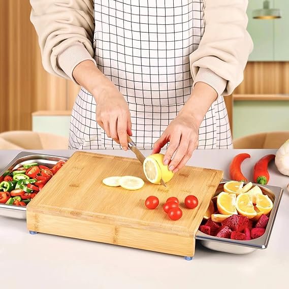 1 Bamboo Chopping Board and Storage System with Stainless Steel Trays, Convenient Kitchen Tool for Serving and Cleaning, Enhanced with Juice Groove and Anti-slip Features