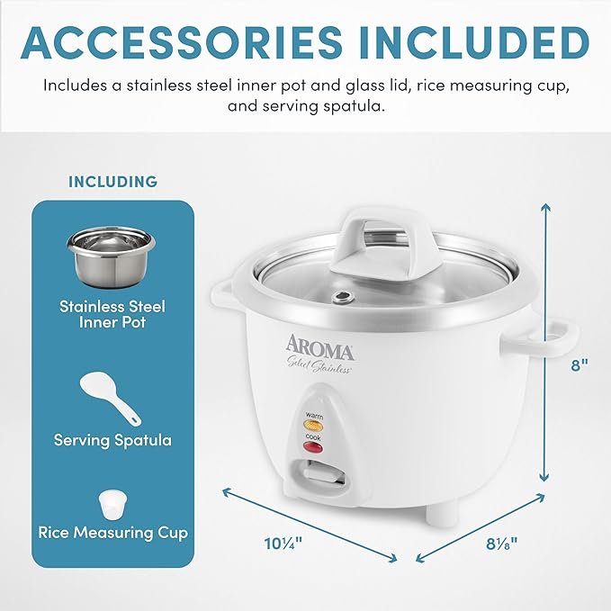 6 Aroma Housewares Select Stainless Rice Cooker & Warmer with Uncoated Inner Pot, 6-Cup(cooked) / 1.4Qt, ARC-753SG, White