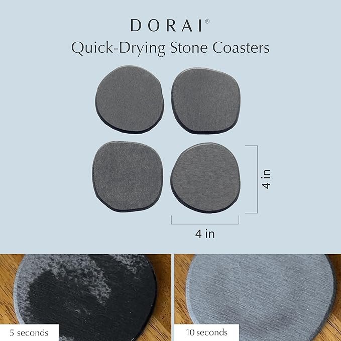 3 DORAI Home Stone Coaster Set - 4 Stone Coasters with Absorbent Diatomaceous Earth for Instant Drying Round Coasters for Drinks Modern Home Decor - Slate Stone