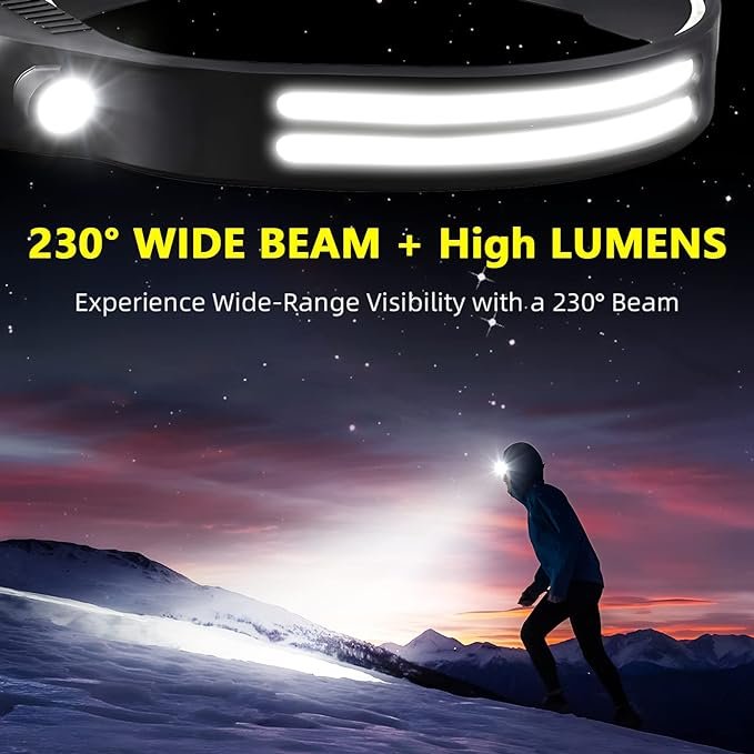 3 LED Headlamp Rechargeable 2PCS - 230° COB Super Bright Head Lights for Forehead, Hard hat Light Strap for Adults - USB Headband Flashlight for Ourdoor, Working, Hiking, Running, Camping, Fishing Gear
