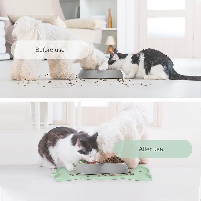 2 Coomazy Cat Food Mat, Waterproof Non-Slip Silicone Dog Water Bowls Mat for Floors Carpets, Raised Edge Design to Prevent Food Spills and Water Runoff, Cyan