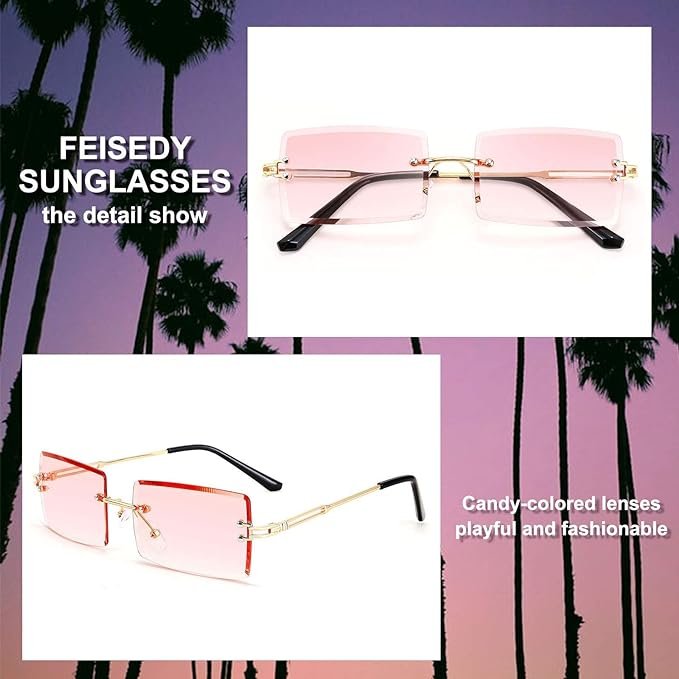 2 FEISEDY Retro Rimless Sunshades Rectangular Frameless Rainbow Shades Unisex B2642
