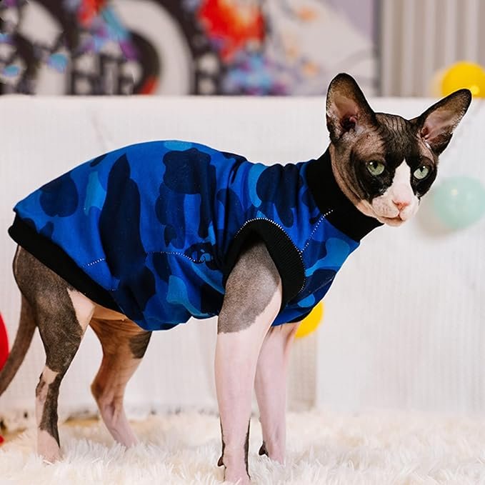 2 Sphynx Hairless Cat Summer Cotton T-Shirts Cat Vest Pet Clothes,Round Collar Vest Kitten Shirts Sleeveless, Cats & Small Dogs Apparel (Medium, Blue Camo)