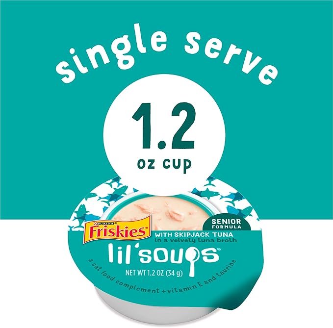 1 Purina Friskies Natural, Grain Free Senior Broth Wet Cat Food Lickable Cat Treats, Lil' Soups Skipjack Tuna - (Pack of 8) 1.2 oz. Tubs