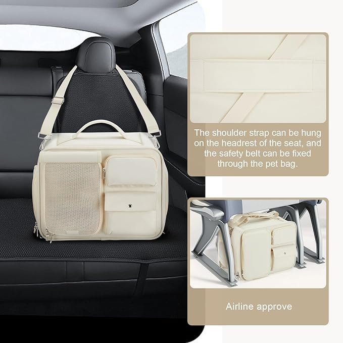 3 Soft Pet Cat Carrier for Cats 20 LBs,Small Dong Carrier,Airline Approved Pet Carrier,Cat Backpack Carrier with Safety Lock Zipper,Collapsible,with 3 Ventilated Windows(Beige)