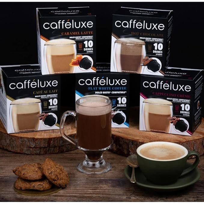 1 Cafféluxe | Coffee Pods for Dolce Gusto Machine | Assorted Pack - Caramel Latte, Cappuccino, Hot Chocolate, Cafe Au Lait, Flat White - (50 Pods, 50 Servings)