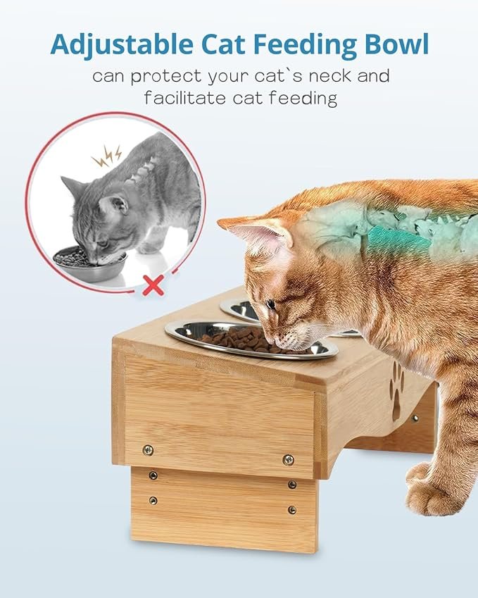 1 JAZUIHA Elevated Cat Food Bowls,Raised Tilted Cat Bowl Stand Set with 3 Bowls, cat Feeding Station with Wooden Stand for Multiple Cats and Small Dog (Bamboo Wood Color)