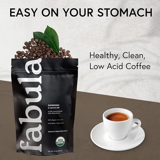4 Fabula Low Acid Coffee Beans Whole, Organic Espresso Coffee - Non-GMO - No Molds - Mycotoxins Pesticides Free - Single Origin Coffee - 12 Oz