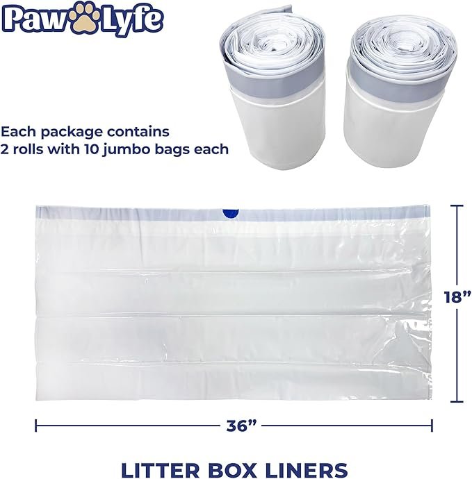 2 PawLyfe Litter Box Liners: Heavy Duty - Thickest Litter Liner on the Market 4MIL - Tear & Leak Resistant - Drawstring Close - Jumbo, 36” x 18” - 20 Count Jumbo Size Draw String Litter Liners for Cats