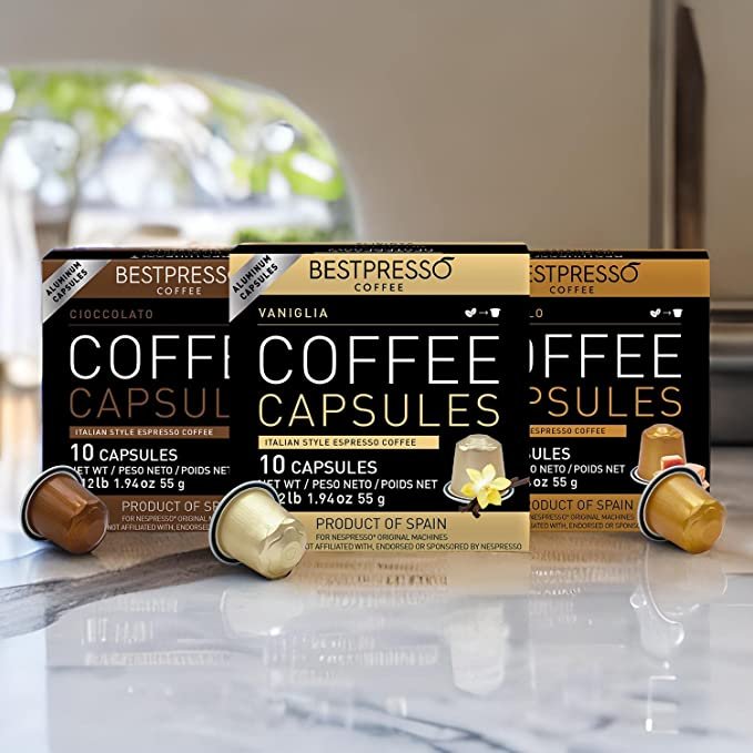 2 Premiumpresso Espresso Variety Pack for Nespresso Original Machine 120 Aluminum Pods, Authentic Caramel, Vanilla, and Chocolate Flavors, Compatible Pods for Nespresso Original