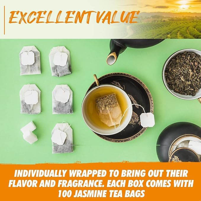 4 Fusion Organic Jasmine Green Tea - Fresh & Relaxing 100 Jasmine Tea Bags Blend Traditionally Scented with Jasmine Blossoms, Refreshing Floral Fragrance - Green Tea Jasmine Bags, 6oz(170g)