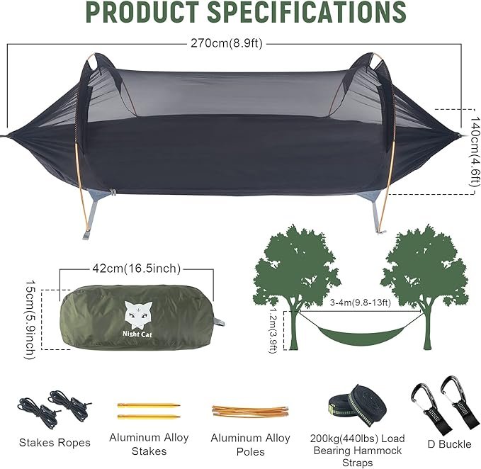 2 Night Cat Camping Hammock Tent with Mosquito Net and Rain Fly 1-2 Persons Backpacking Bivvy Ground Tent with Tree Strap Swing Heavy Rain Waterproof Lightweight 440lbs