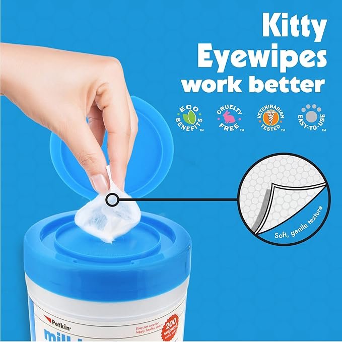 2 Petkin Kitty Eye Wipes, 40 Moist Wipes - Gentle Eye Cleaning Wipes Remove Dirt, Discharge, & Tear Stains - Safe, Convenient, Easy to Use Pet Wipes for Cats & Kittens - Ideal for Home or Travel