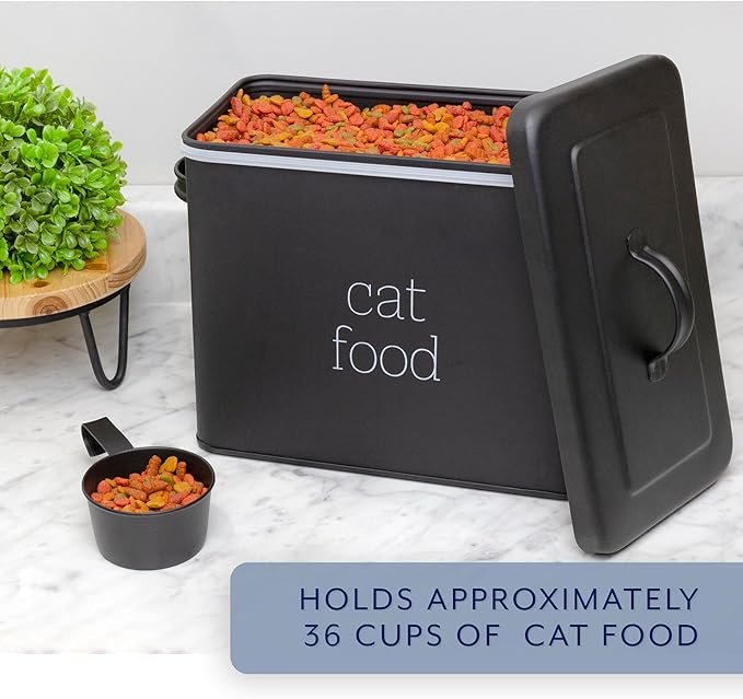3 AuldHome Farmhouse Cat Food Container (Black); Enamel Look Rustic Cat Food Bin with Scoop