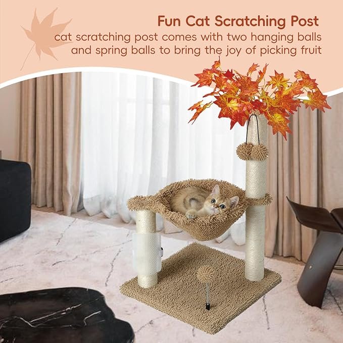 2 Small Cat Tree Tower,Cat Scratching Post with Hammock for Indoor Kittens and Small Cats up to 7lb,Self-Massage Bursh Hanging Ball Toys,Maple,Beige
