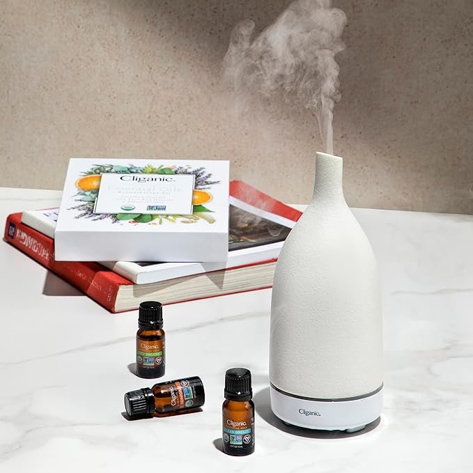 4 Cliganic Organic Essential Oils Set (Top 4) + White Ceramic Diffuser