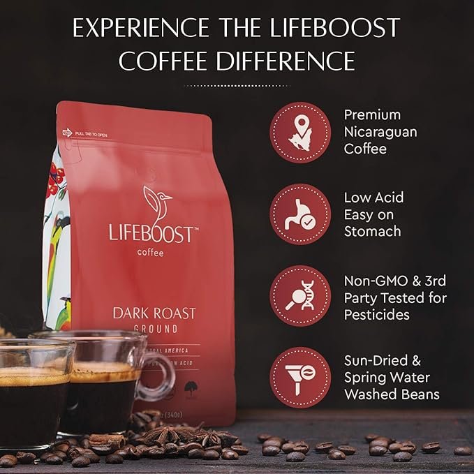 5 Lifeboost Coffee Dark Roast Ground Coffee - Low Acid Single Origin USDA Organic Coffee - Non-GMO Ground Coffee Beans Dark Roast Third Party Tested For Mycotoxins & Pesticides - 12 Ounces
