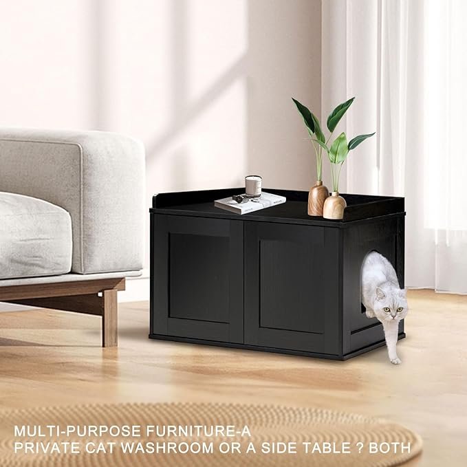 1 Cat Litter Box Enclosure, Hidden Litter Box Furniture, Enclosed Cat House Side Table, Cat Washroom with Door, Enlarged Cat Litter Cabinet for Fat Orange Cat, Nightstand, Double Door,Black