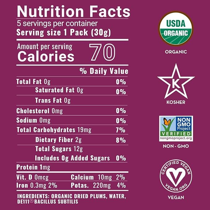1 Sunny Fruit Organic Probiotic Prunes - 6 Bags (30 Individual Portion Packs) | Dried Plums Snack Packs with Live Probiotics | ORGANIC, NON-GMO, VEGAN, KOSHER, HALAL, NO PRESERVATIVES, NO SUGAR ADDED
