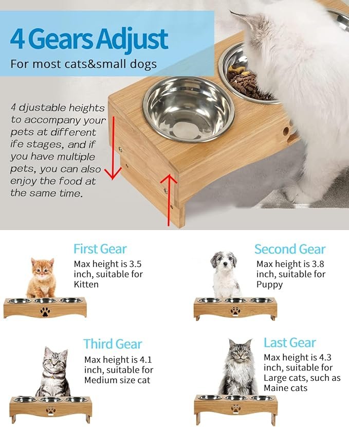 2 JAZUIHA Elevated Cat Food Bowls,Raised Tilted Cat Bowl Stand Set with 3 Bowls, cat Feeding Station with Wooden Stand for Multiple Cats and Small Dog (Bamboo Wood Color)