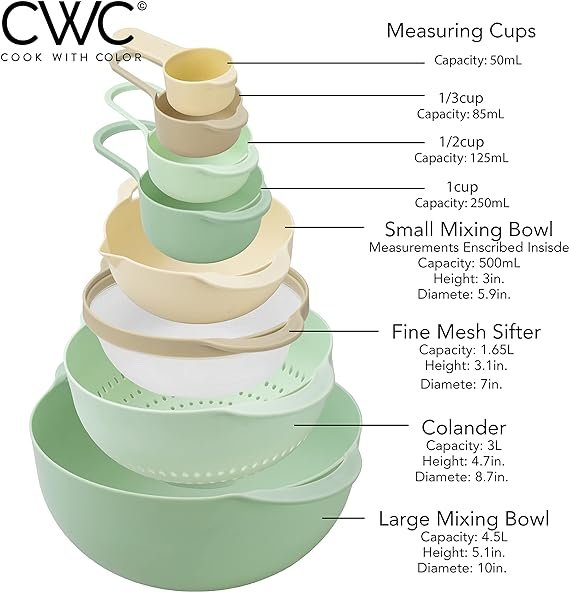 1 8 Piece Mint Green Kitchenware Set - Includes 2 Mixing Bowls, 1 Colander, 1 Sifter and 4 Measuring Cups