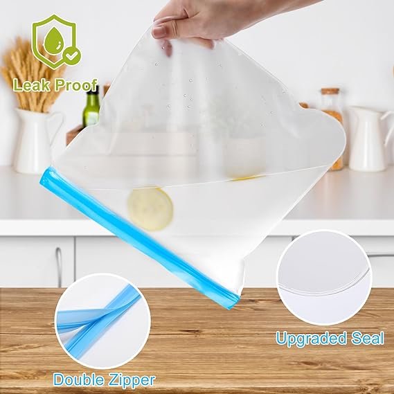 2 Silicone Storage Bags - Pack of 10, Dishwasher Safe, Leakproof, BPA Free - Ideal for Lunch, Food Marination, Travel - Includes 3 Gallon, 3 Snack, and 4 Sandwich Bags