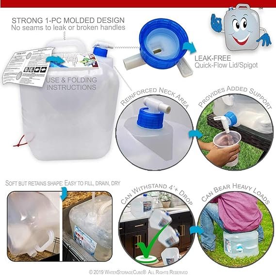 2 WaterStorageCube BPA Free Collapsible Water Container with Spigot, Camping Water Storage Carrier Jug for Outdoors Hiking Backpack & Survival Kit, Foldable Portable Water Canteen 1.3/2.6/5.3 Gallon