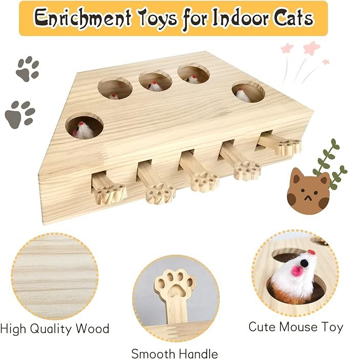 4 kathson Cat Enrichment Toys for Indoor Cats, Solid Wood Kitten Whack A Mole Interactive Box Catch Mice Game Cat Puzzle Toy for All Ages Cats Kittens Exercise Puzzle Relieve Boredom