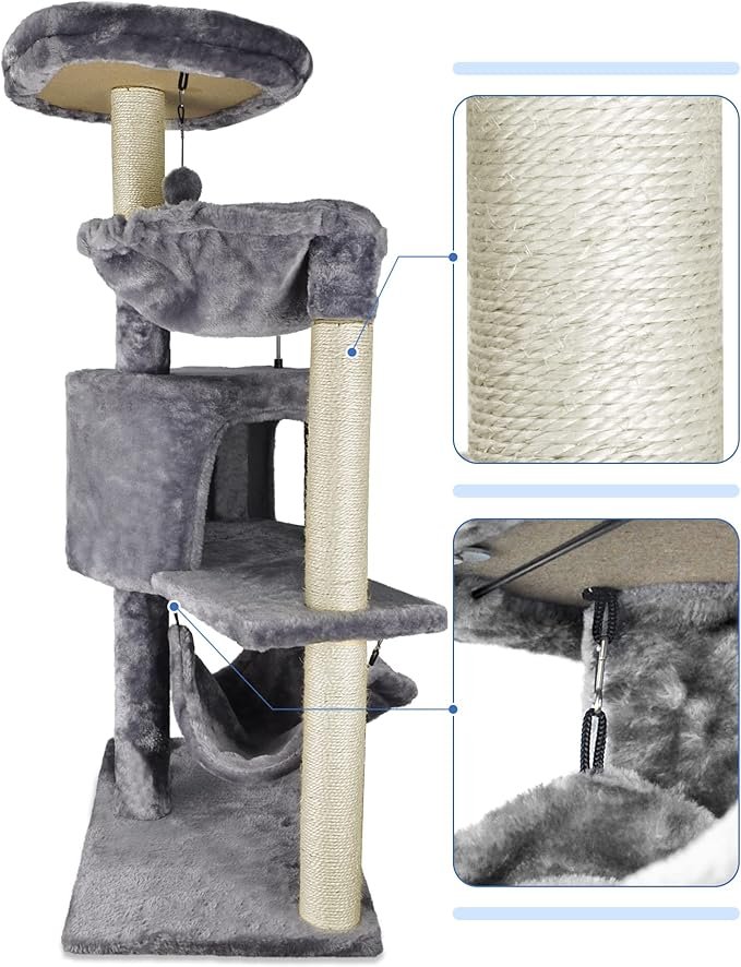 3 Newest Cat Tree with Cat Condo and Big Hammock，Grey
