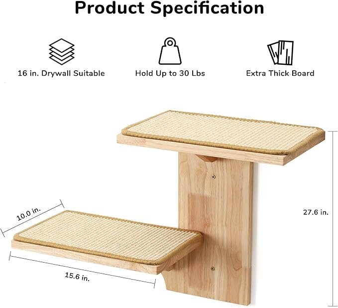 2 FUKUMARU Cat Wall Shelves, 2 Platforms, Tree Shape, Solid Rubber Wood, Sisal Mat, 10x28x18 inches, 10 lbs Capacity, Wall Mounted Cat Furniture for Climbing, Play, Nap