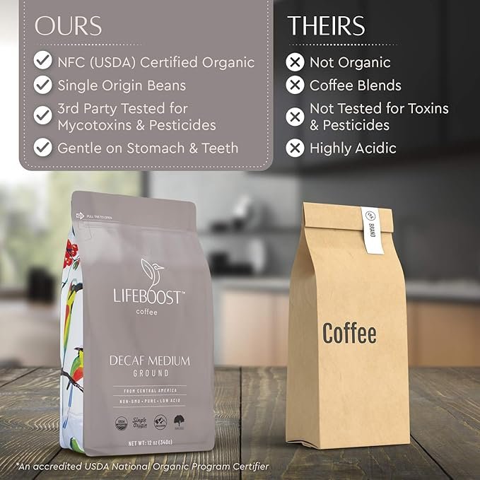 3 Lifeboost Coffee Medium Roast Swiss Water Decaf Coffee Ground - Low Acid Single Origin USDA Decaf Organic Coffee - Non-GMO Coffee Third Party Tested For Mycotoxins & Pesticides - 12 Ounces