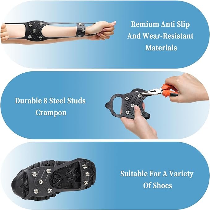 1 LACE INN 2 Pair Universal Non Slip Gripper Spikes for Shoes, Durable Ice Snow Grips Traction Cleats with 8 Steel Studs Crampon for Walking On Snow and Ice