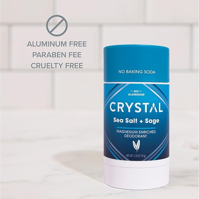 2 Crystal Magnesium Solid Stick Natural Deodorant, Non-Irritating Aluminum Free Deodorant for Men or Women, Safely and Effectively Fights Odor, Baking Soda Free, Sea Salt + Sage, 2.5 oz