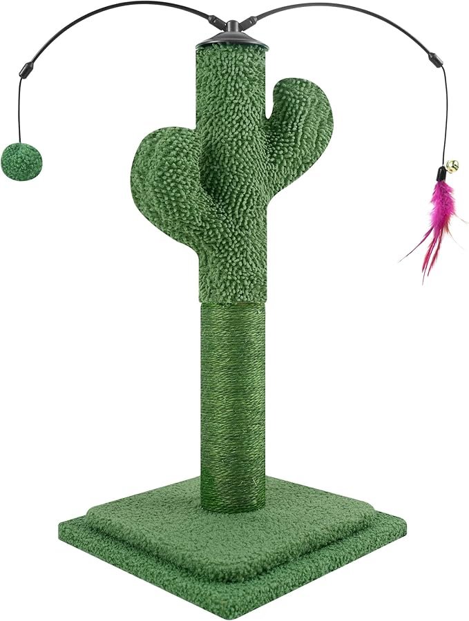 1 23.6" Cat Scratching Post, Cactus Cat Scratcher with Natural Sisal Rope for Indoor Cats, Claw Scratcher Green Cat Tree with Dangling Balls and Feather for Small Cats Kittens