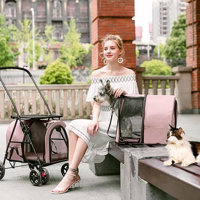 5 LPOTIUS Double Pet Stroller for Dogs and Cats with 2 Detachable Carrier, Quick-Folding Dog Stroller for Small Medium Dogs Cats, 4 Wheels, Light Pink