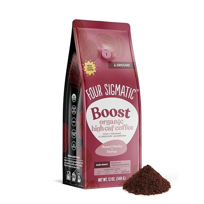 1 Four Sigmatic Organic High Caffeine Coffee - Dark Roast Extra Strong Ground Coffee with L-Theanine & Cordyceps Mushroom Extract - 12oz Bag