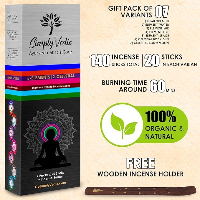 2 Premium 5 Elements Incense Sticks| for Meditation, Yoga, Rituals, Aromatherapy, Energy Cleansing| Wooden Incense Holder| 20 Sticks x 7 Variety Pack, Last 60 Min. Each