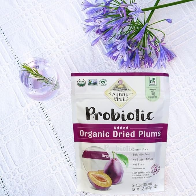 5 Sunny Fruit Organic Probiotic Prunes - 6 Bags (30 Individual Portion Packs) | Dried Plums Snack Packs with Live Probiotics | ORGANIC, NON-GMO, VEGAN, KOSHER, HALAL, NO PRESERVATIVES, NO SUGAR ADDED