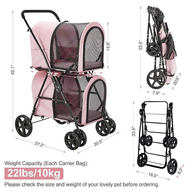 4 LPOTIUS Double Pet Stroller for Dogs and Cats with 2 Detachable Carrier, Quick-Folding Dog Stroller for Small Medium Dogs Cats, 4 Wheels, Light Pink